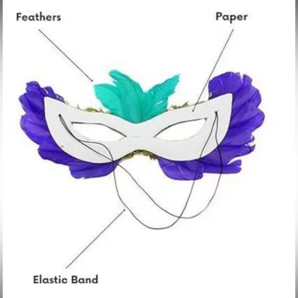 Mardi Gras Masks 6 Feather Sequin Elastic Band, 6 Bead Necklaces, Masquerade EUC